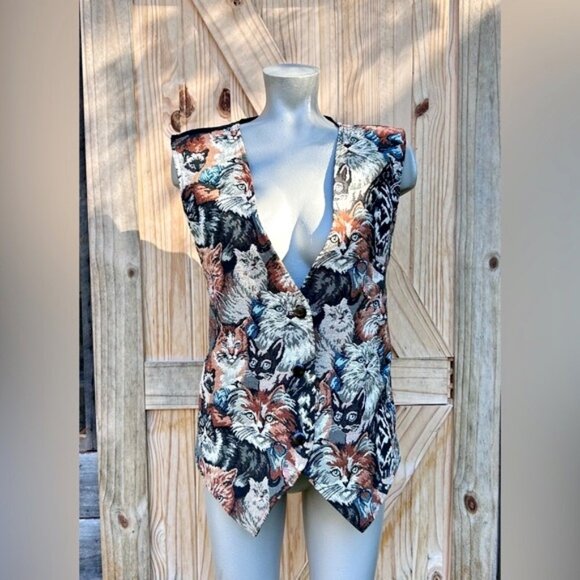 Vintage 90’s Facets by Mirrors Cat Kitten Collage Tapestry Cat Lady Vest~1X~USA - Picture 1 of 7